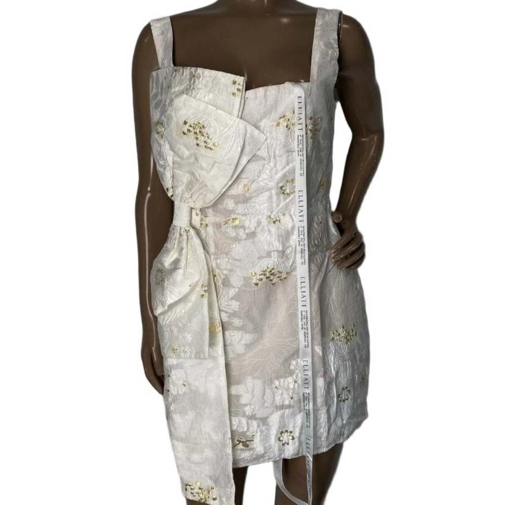 NEW ELLIATT Octavia acquard Mini Dress – Size S – Ivory/Gold with Large Bow